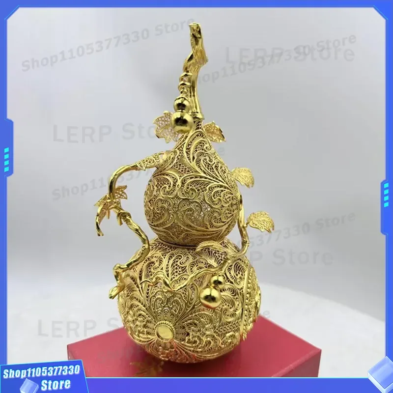 Vintage Copper Gilt Filigree Gourd Ornament Lucky Feng Shui Decor for New Home Living Room Entrance Wine Cabinet Housewarming