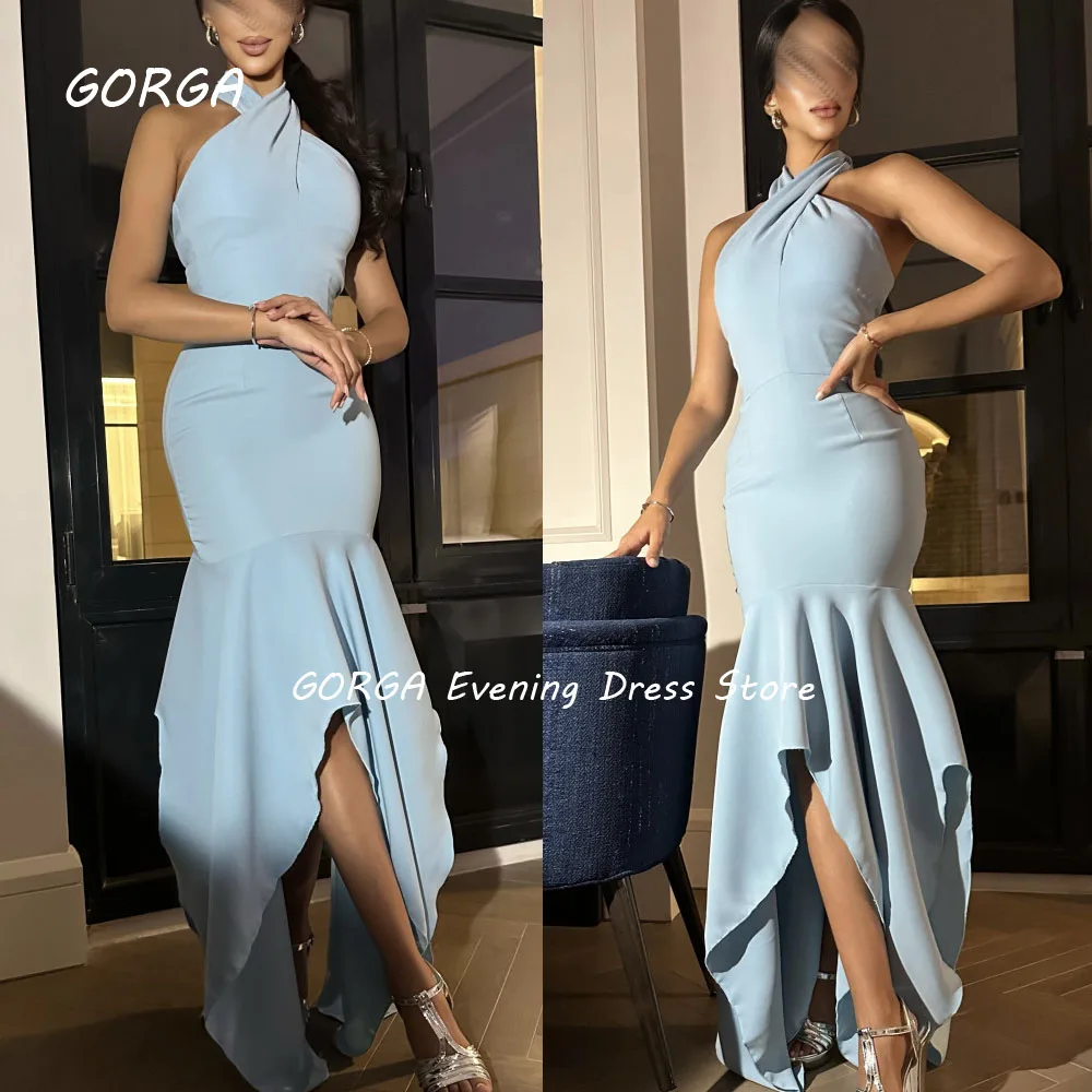 GORGA Blue Halter Mermaid 2024 Slim Crepe Backless Sleeveless Ocassion Gown Floor-Length Evening Dress فستان سهرة نسائي