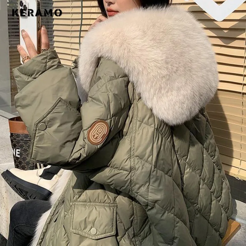 Winter Women Big Luxury Faux Fox Fur Collar Coat 2023 Fluffy Loose Puffer Jacket Feather Female Parka Snow Outwear Windproof