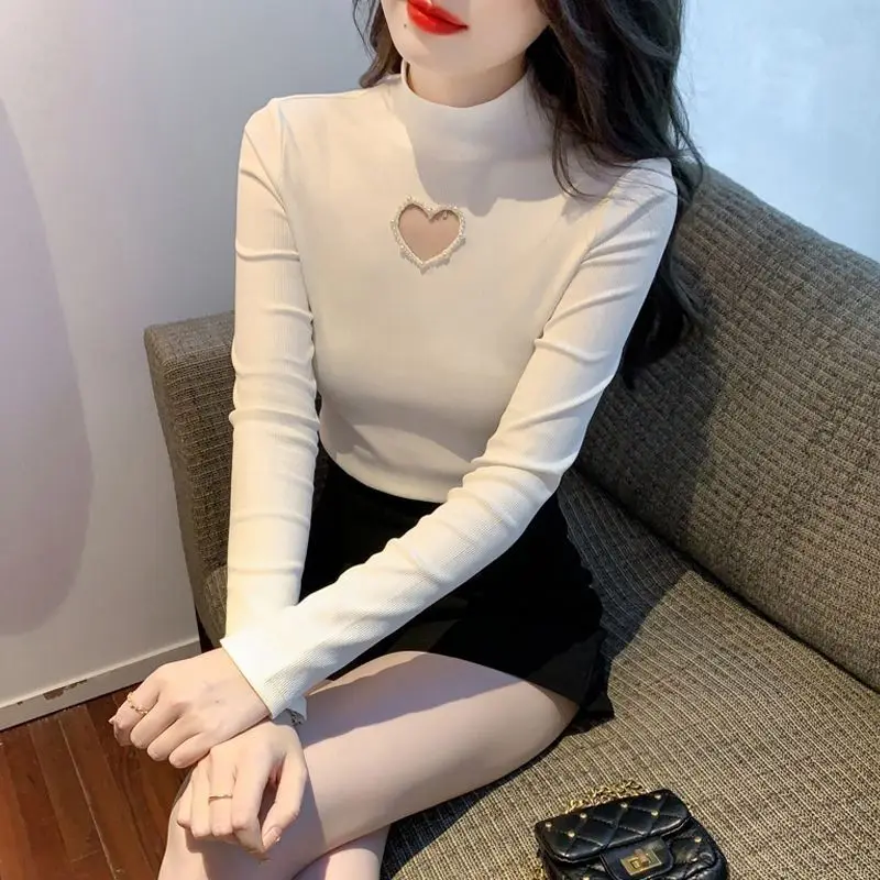 New Sweet Age Reducing Love Hollow Half High Neck T-shirt for Women Bottom Shirt Inner Top