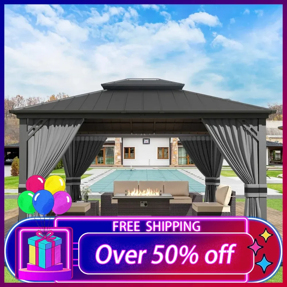 12' x 14' Grey Hardtop Gazebo with Curtains and Netting, Double Roof Iron Metal Pergola for Patio, Garden, Lawn, large pavilion