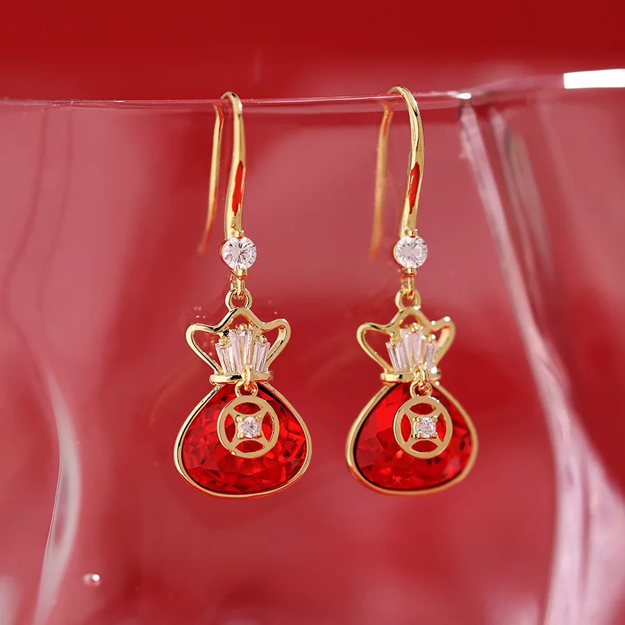 Red Money Bag Earrings Chinese New Year Luck Stylish Style With Bride's Wedding Earrings Trendy Earrings Jewelry Gift