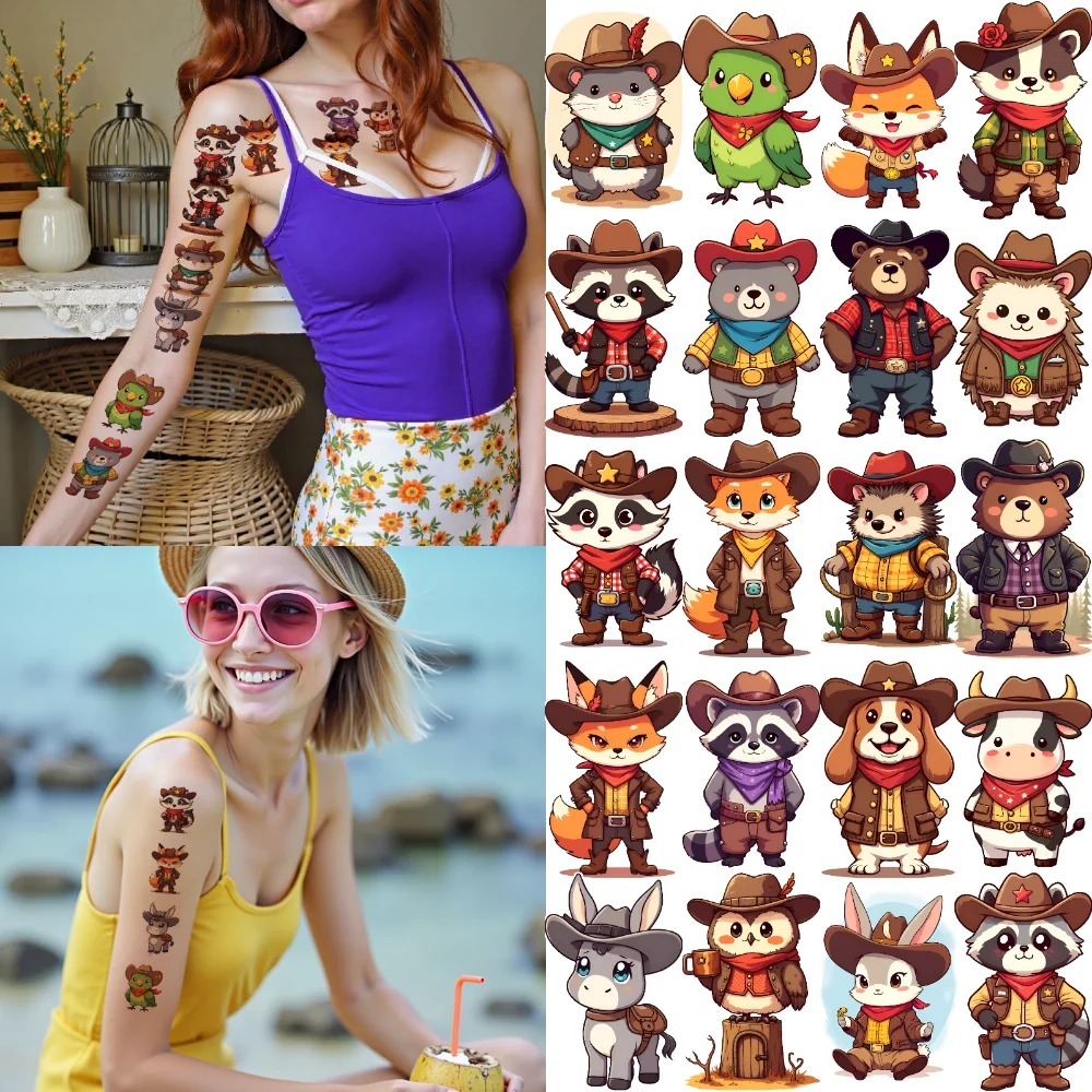 

63pcs Temporary Tattoo Cartoon Animals Temporary Tattoo Stickers Cowboy Characters Waterproof Long-lasting Body Stickers For
