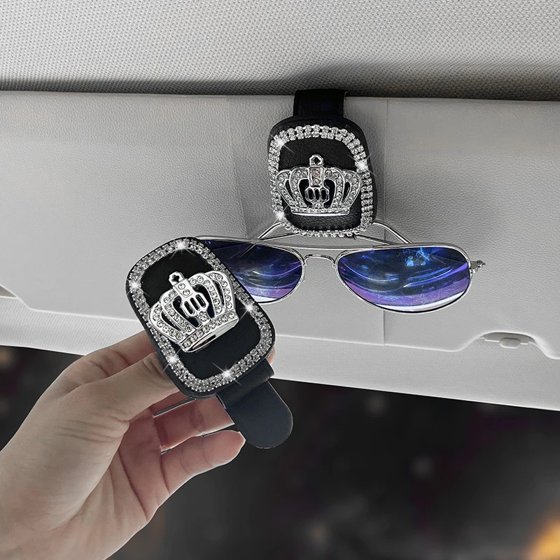 Shining Rhinestone Car Glasses Clip, Bling Crown Pattern, Car Sun Visor Sunglasses Storage Holder, Decorative Car Accessories