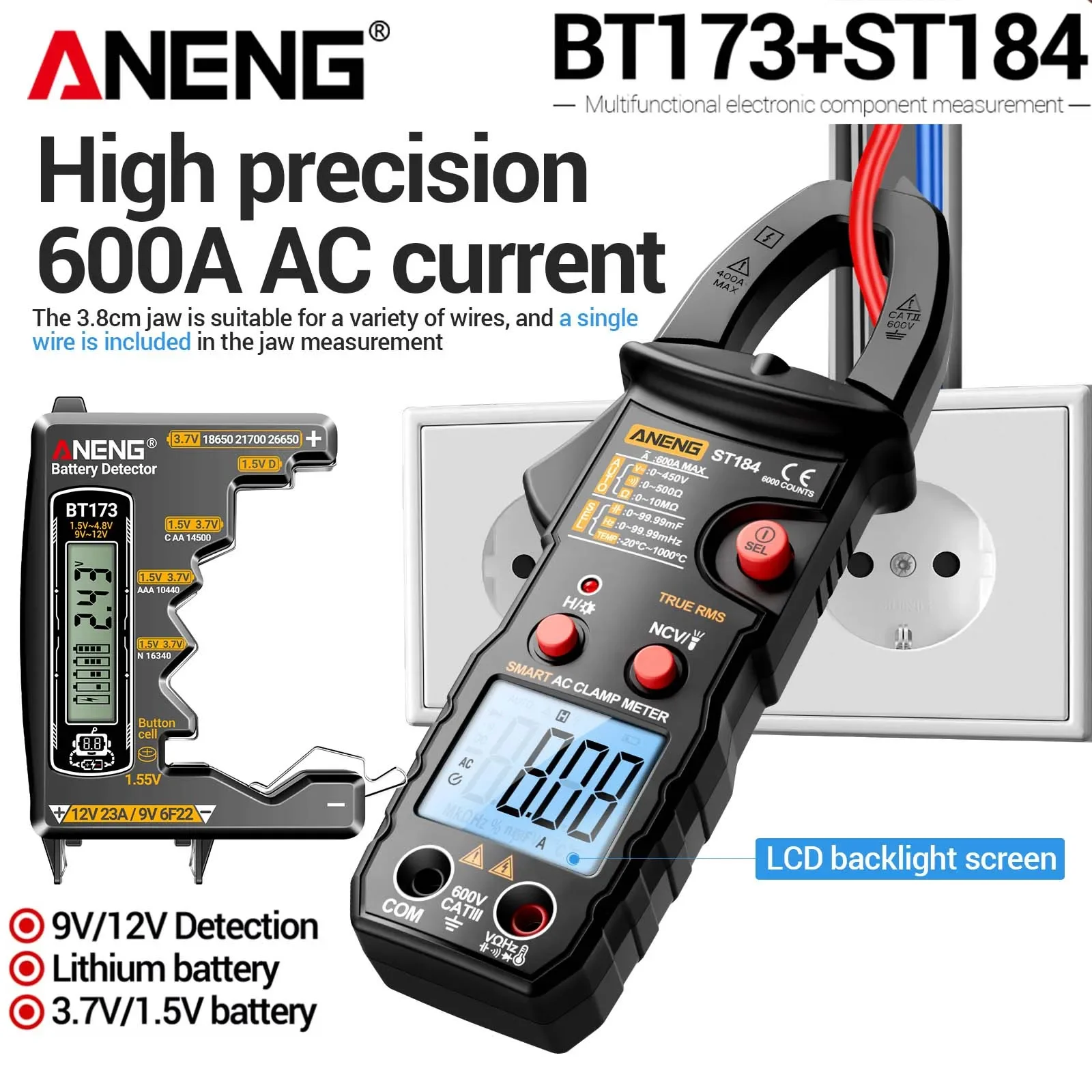 ANENG ST184 Clamp Meter +BT173 Universal Battery 6000 Counts AC Current Voltage Temp NCV Tester Level  Electrician Tester Tools