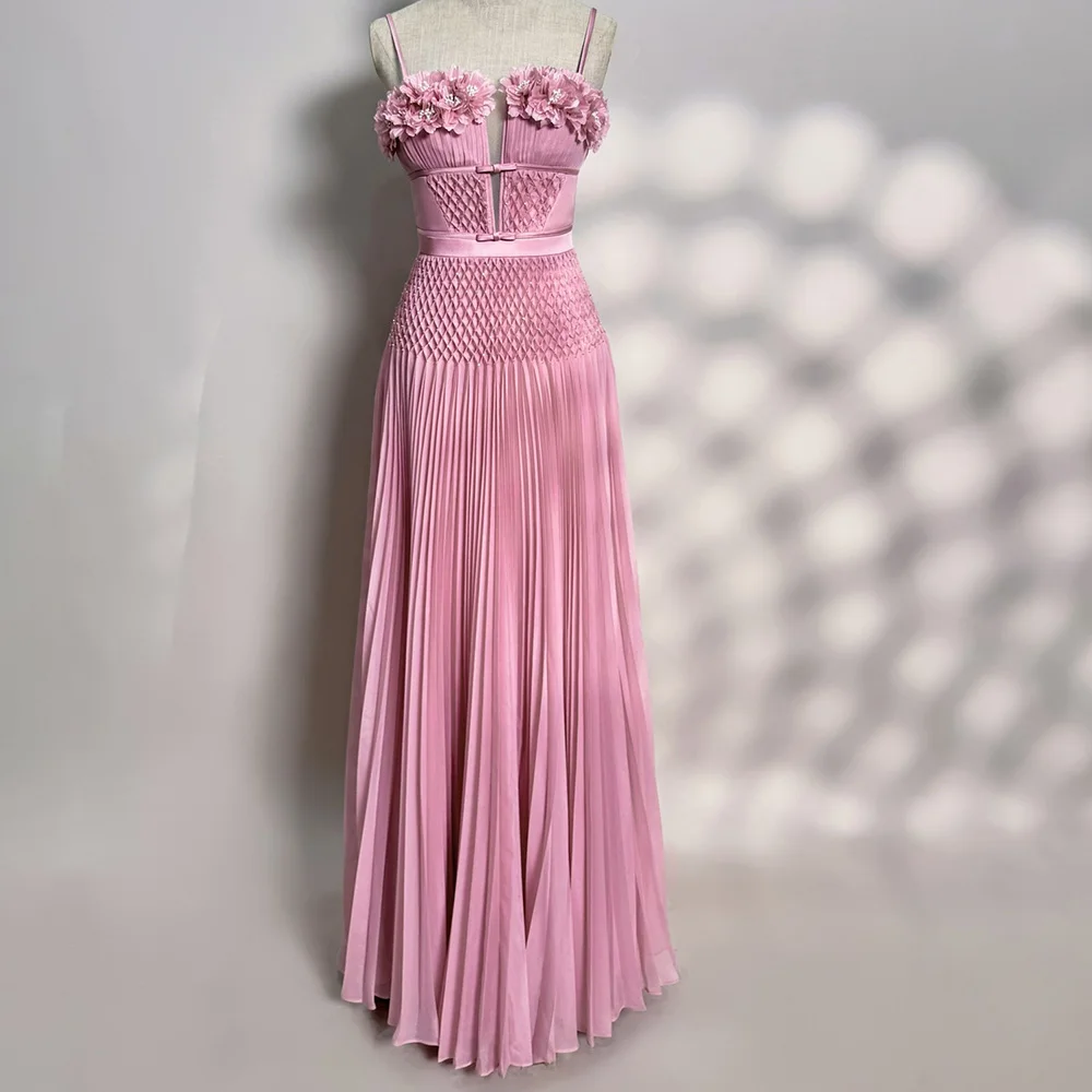 

Customized Pink Chiffon 3D Flowers with Sparkly Crystal Pearls Evening Dress Modern V-Neck Spaghetti Straps A-Line Party Gowns