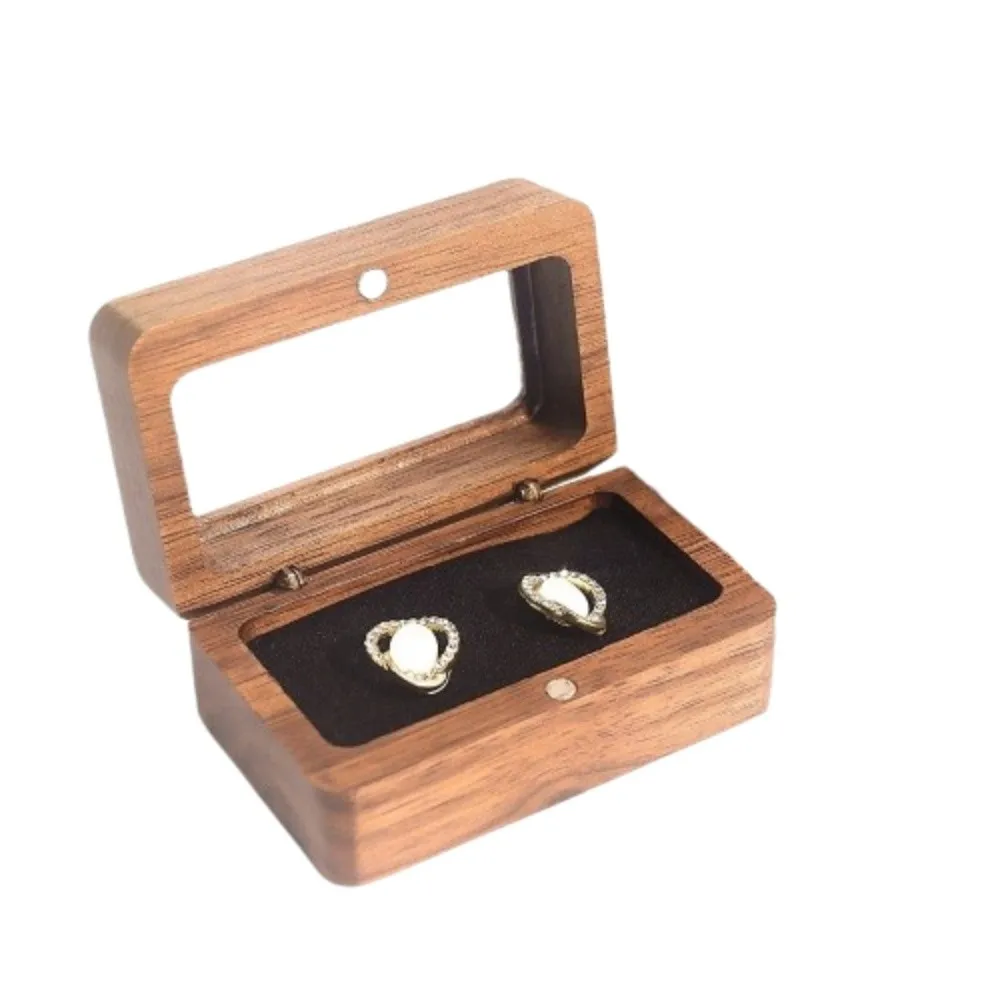 Double Slot Wooden Ring Box Rectangular Opening Window Black Walnut Cufflinks Box Exquisite Dustproof Jewelry Ring Holder