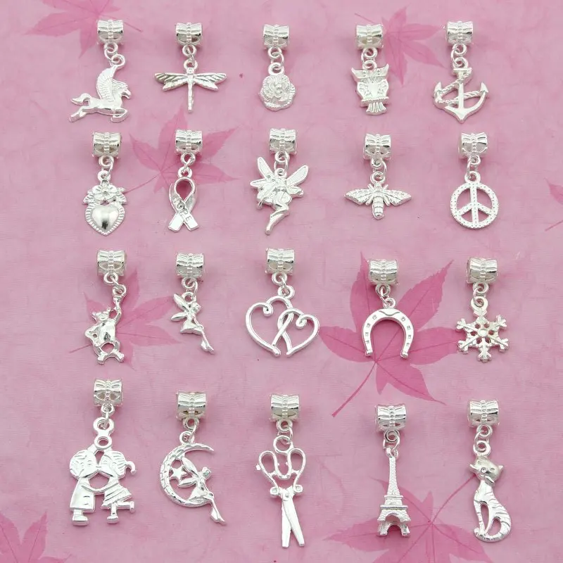 40Pcs /Lot Mix Shiny Silver Color Horse Flower Scissors Heart Owl Dangle Charms For European Bracelet Jewelry Findings SSY07