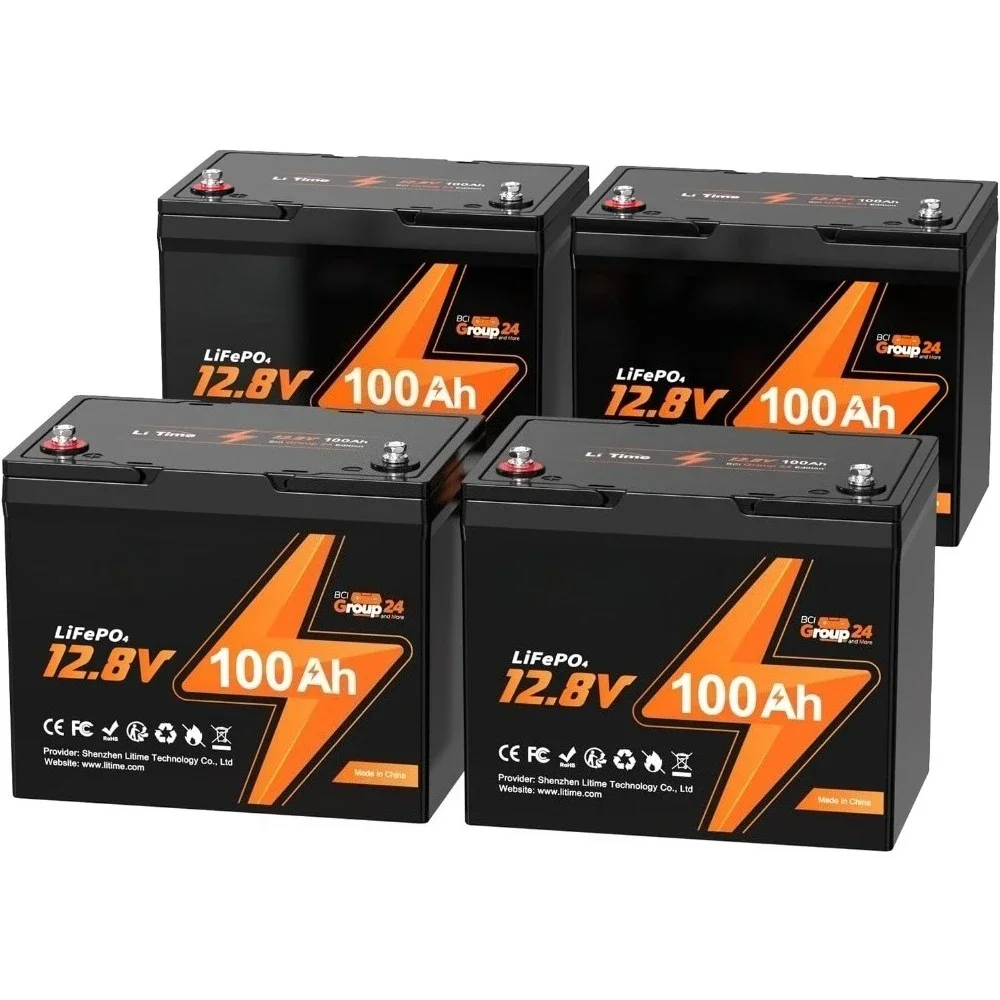

4 Pack 12V 100Ah RV Lithium Battery,Group 24 Rechargeable LiFePO4 Battery with Up to 15000 Cycles, 1.28kWh and Higher