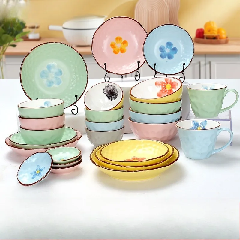 Ceramic bowls, plates, cups, plates, tableware set, concave engraving, small wind, fresh underglaze color, flower ceramic bowl