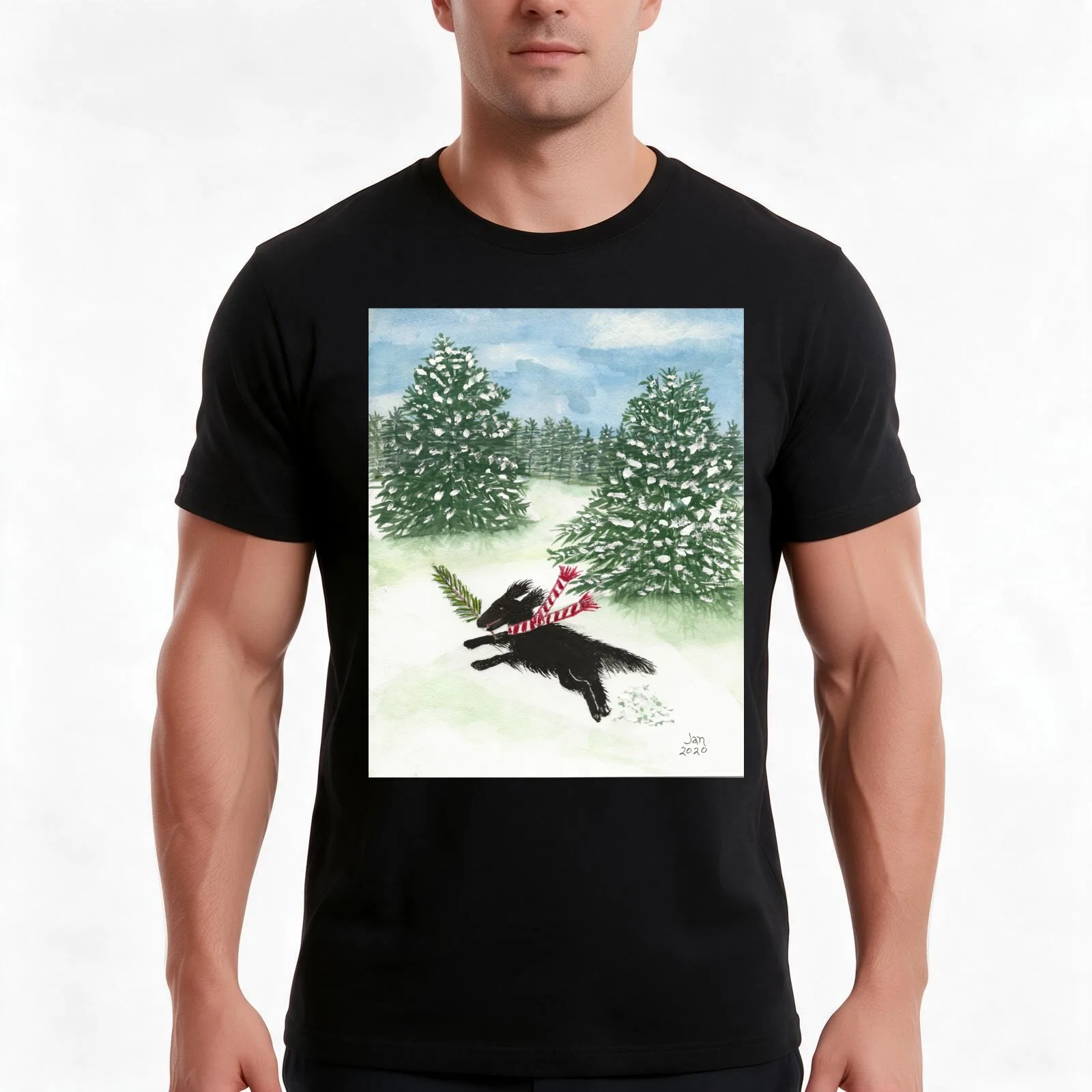 Flat-Coated Retriever Puppy First Christmas Snow T-Shirt Summer Casual Cotton Tee Oversized Streetwear Tops Unisex Men Women
