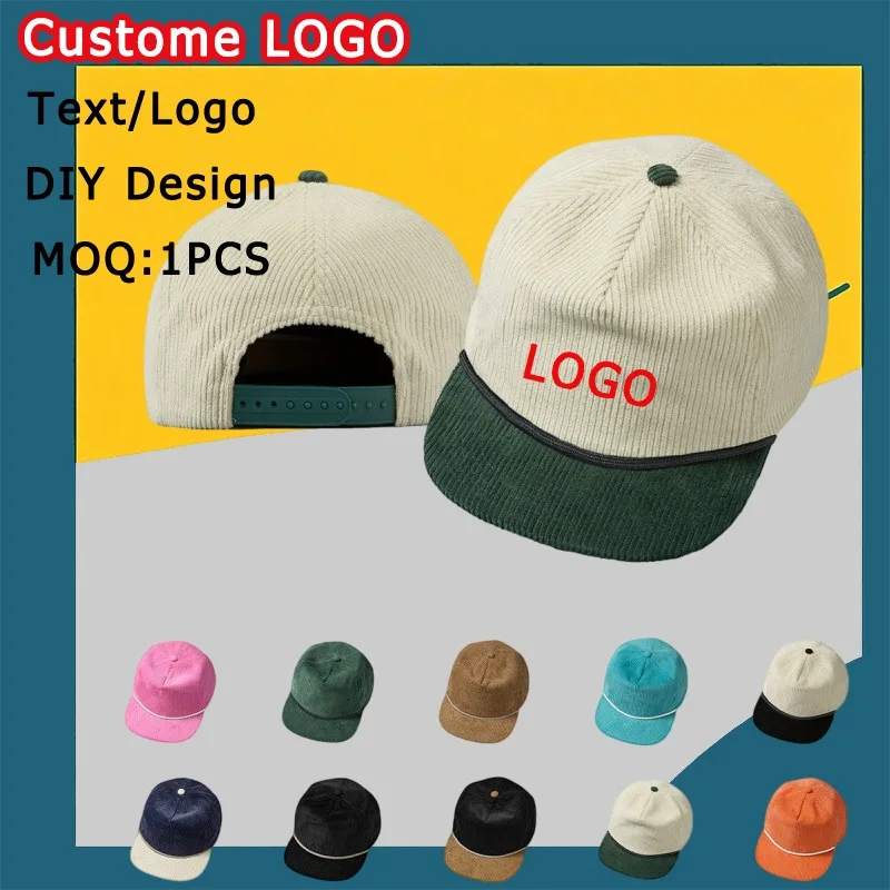 

Embroidered Logo Corduroy Baseball Caps Soft Top Flat Visor Hat with Rope Flat Brim Casual Streetwear Unisex Men Women Cap