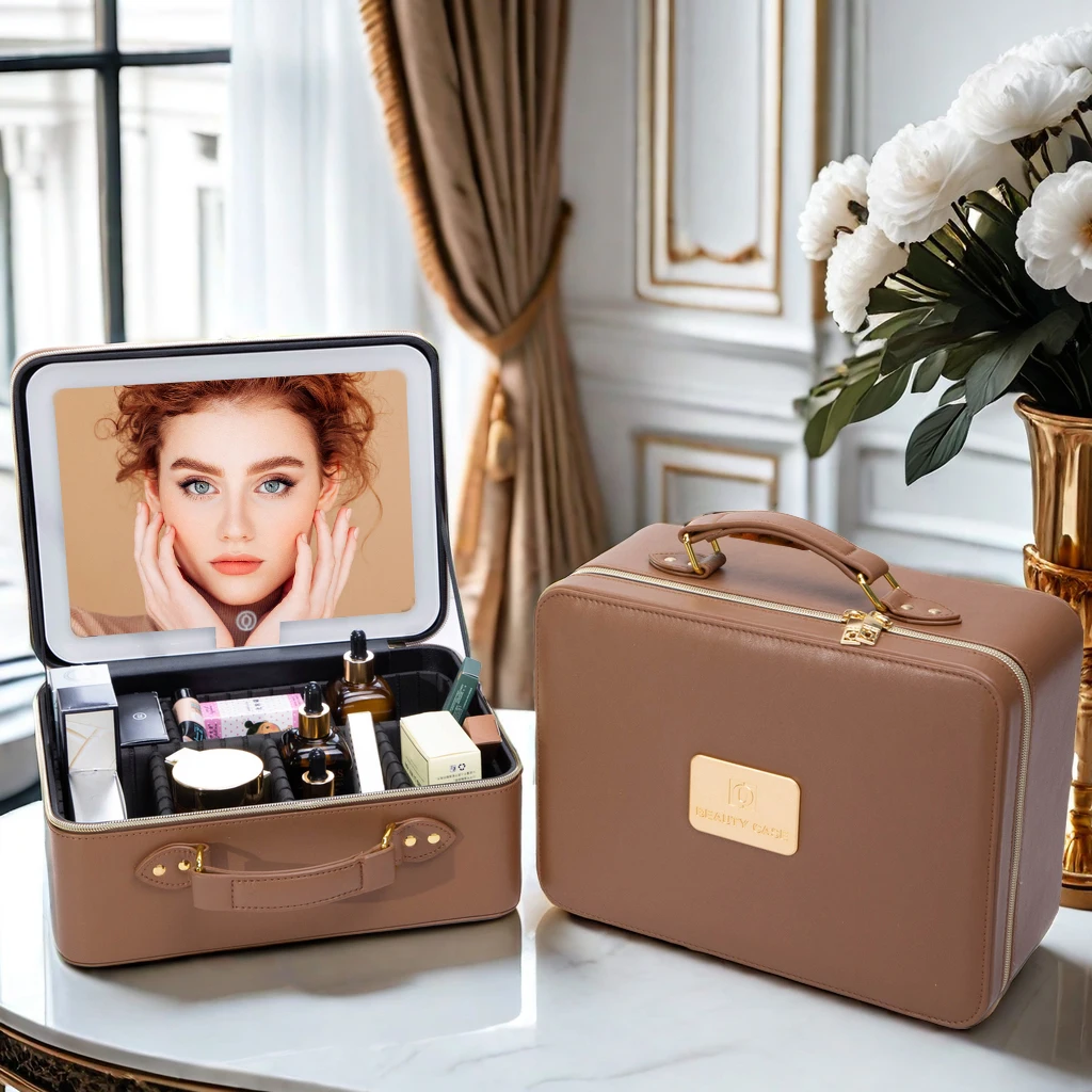 Travel Makeup Bag with Mirror of LED Lighted Makeup Train Case Cosmetic Case Large Waterproof Makeup Tool box Travel Storage Box