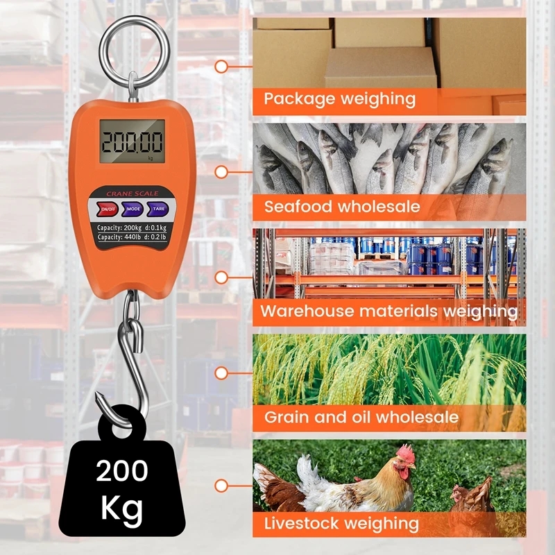 Mini Crane Scale Weighing Digital Industrial Hanging Scale 200Kg/441Lb Heavy Duty Hanging Hook Scales