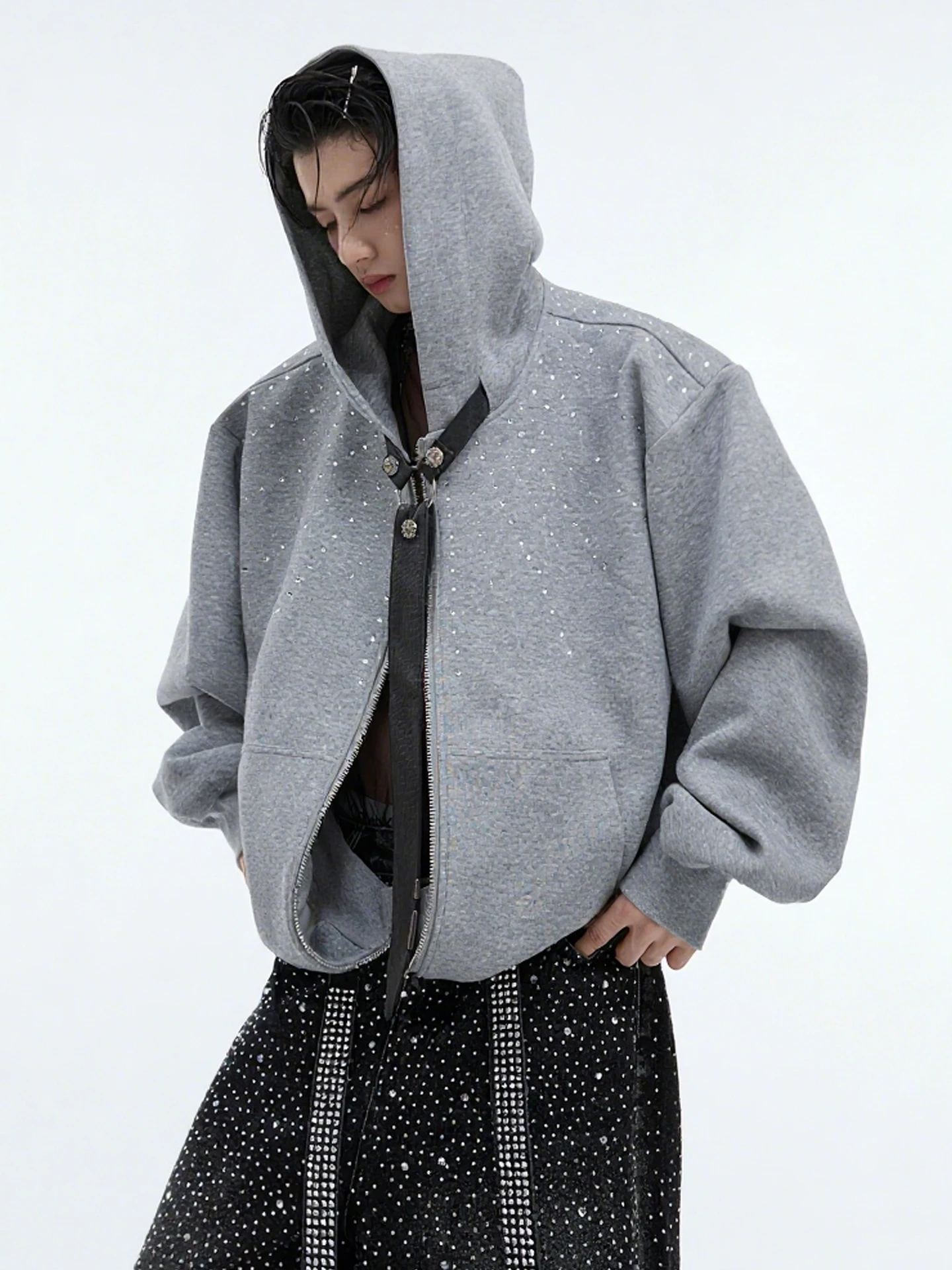 2025 New Fashion Trendy Design Starry Heavy Rhinestone Hooded Cardigan for Men Autumn Loose Handsome Casual Zipper Jacket Coat