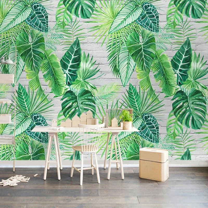 

Custom Photo Mural Wallpaper 3D Brick Wall Green Leaf Bedroom Living Room Sofa TV Background Home Decor Papel Pintado De Pared