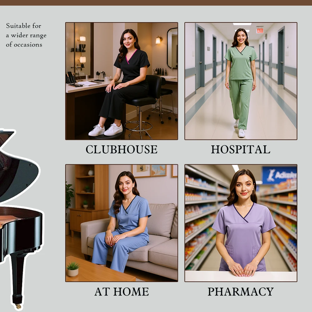 Nurse Scrubs Uniform Women Medical Scrub Set Pocket Top+Pants 2 Piece Suit Nursing Operating Room Clothes Beauty Salon Work Wear