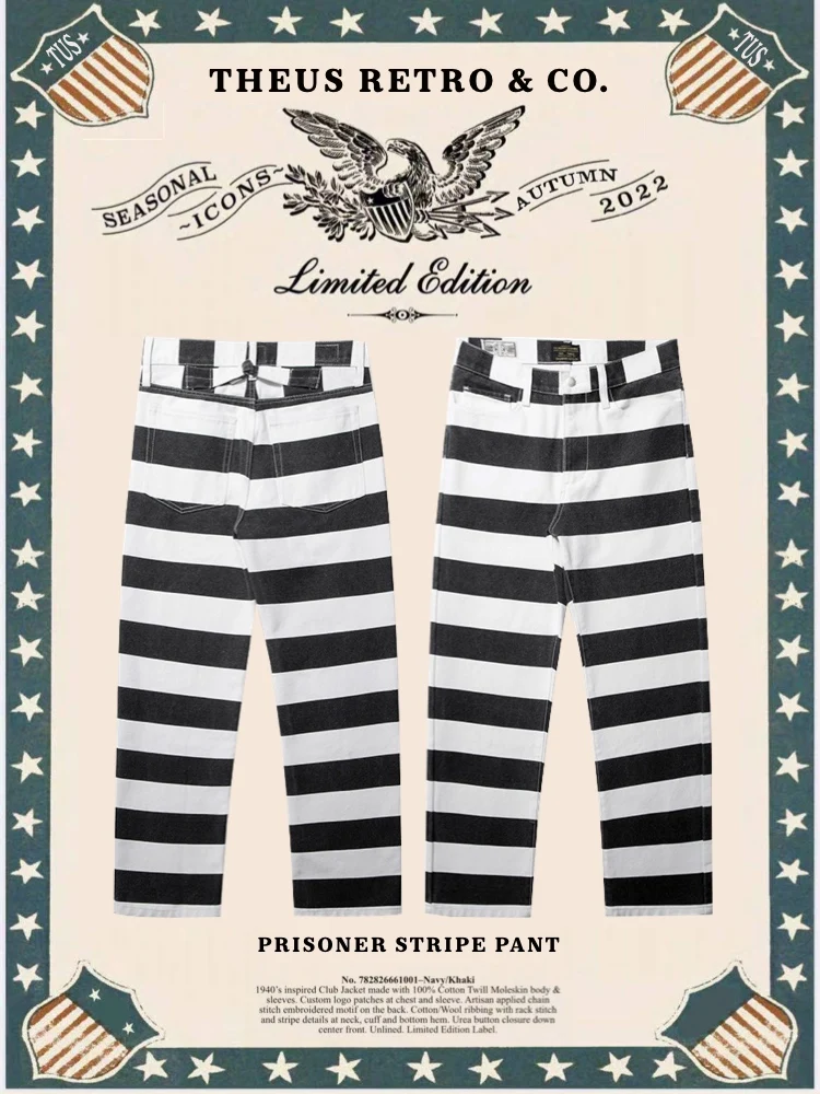 

Heavyweight Waed Prisoner Stripes Workwear Casual Pants Pure Cotton Canvas Khaki Vertical Stripes High Waist Straight Leg T...