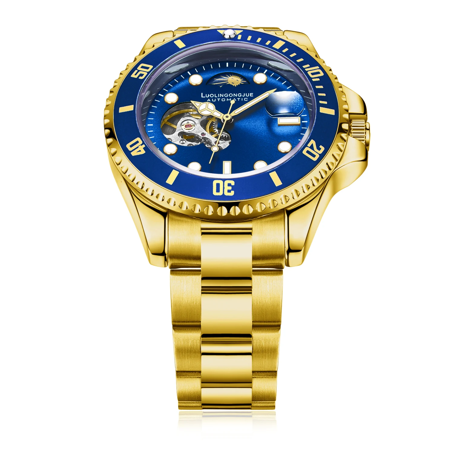 Luolingongjue Green Water Ghost Men\'s Watch Mechanical Watch Fully Automatic Waterproof Luminous Hollow 24-Hour Calendar Moon Phase Rolex Blue Gold