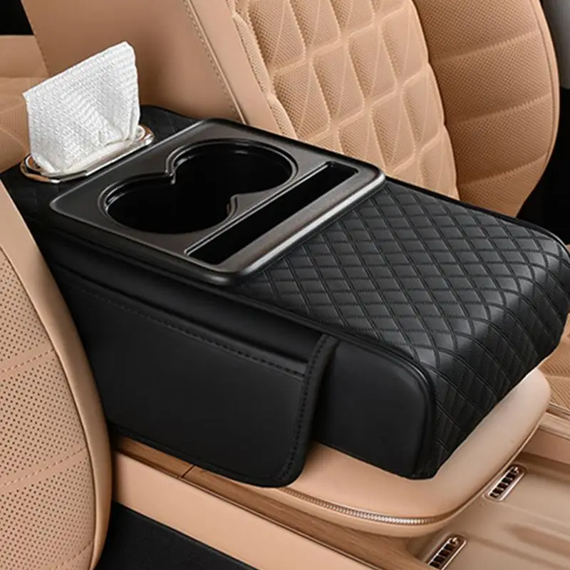 Car Center Console Armrest Cushion Thicken Arm Rest Box Pad Side Extension Cushion with Cup Holder Tissue Box Organizer Bag