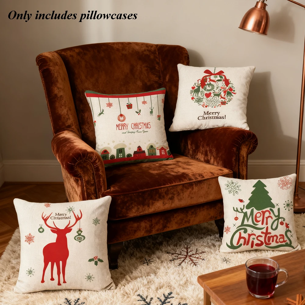 

1pc Christmas tree elk Throw Pillow Case, Linen Square Cushion Pillow Cover Decorativer for Home Sofa Bedroom Decor
