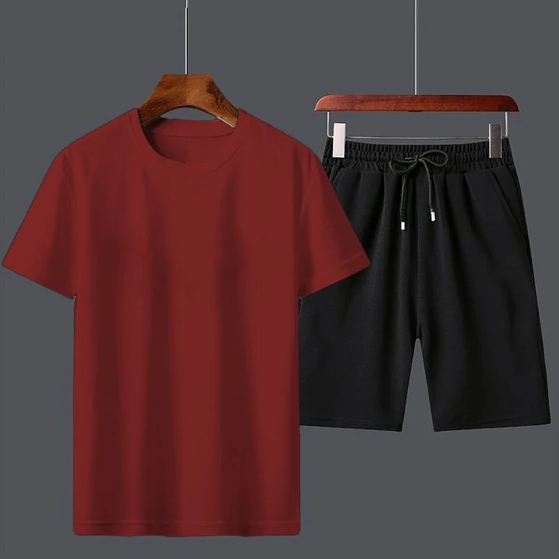 Summer New Men\'s Short-sleeved T-shirt Shorts Two-piece Sports Casual Suit Solid Color Summer Suit