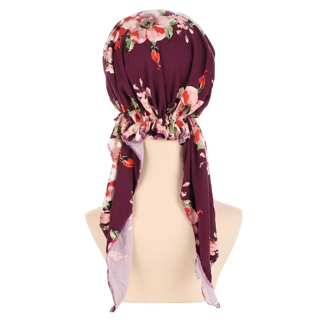 Hot Women Muslim Turban Hijab Cancer Chemo Hat Flower Print Cap Hair Loss Cover Head Scarf Stretch Bandana Wrap Pre-TiedHeadwear