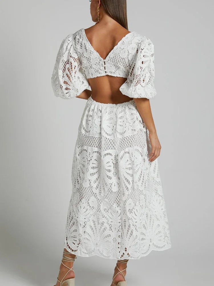 2025, Sommer-Damen-Maxikleid mit Spitze, bestickt, ausgehöhlt, mit V-Ausschnitt, sexy Taillenausschnitt und Laternenärmeln