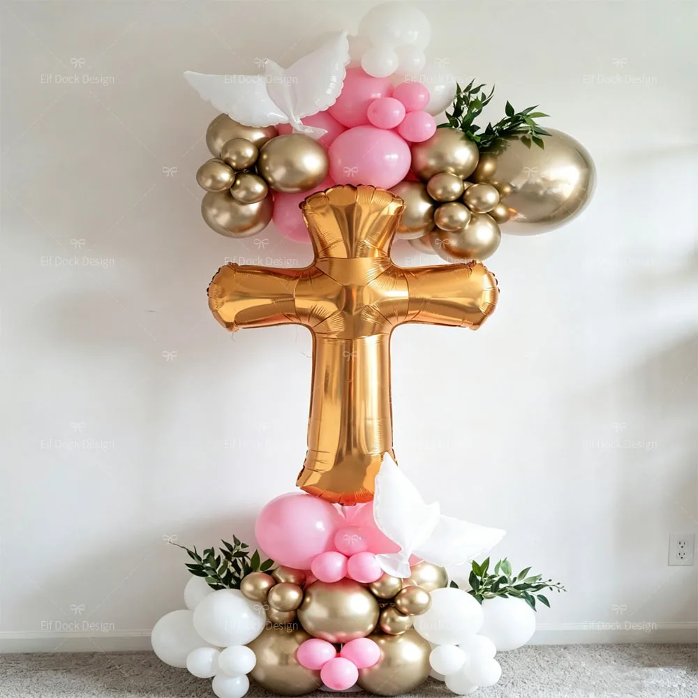 1 Set Goldene Kreuz- und Friedenstauben-Ballon-Girlande für Kommunion, Taufe und Feierlichkeiten - Elegante Weiße Dekoration Perfekt für Besondere Anlässe