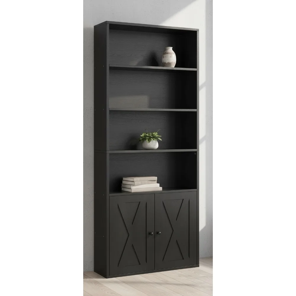 

Промышленная книжная полка с дверцами, шкаф для хранения с 6 полками для гостиной домашнего офиса, современный стиль фермерского дома, высота 70,6 дюйма