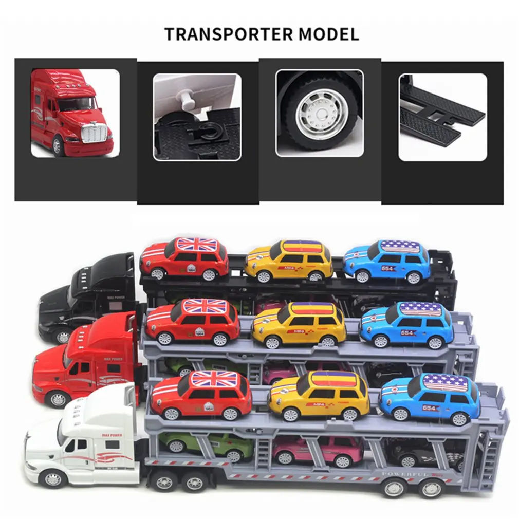 1:48 35CM Alloy American Big Truck with 6PCS Mini Metal Alloy Diecast Car Model 1:64 Scale Toys Vehicles Carrier Truck For Kids