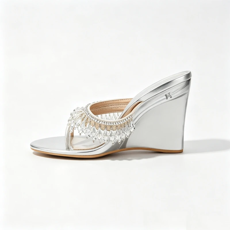 Nouvelles sandales d'été pour femmes à bout pointu orné de perles, à bout ouvert, style haute couture, à talon compensé et à talon haut, chaussures de mode