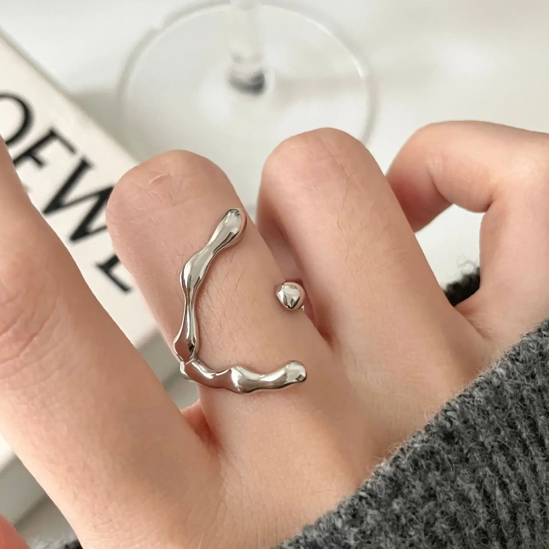 

S925 Sterling Silver Minimalist Irregular Twined Finger Rings Creative Geometric Punk Opening Rings for Women Girls Jewelry INS