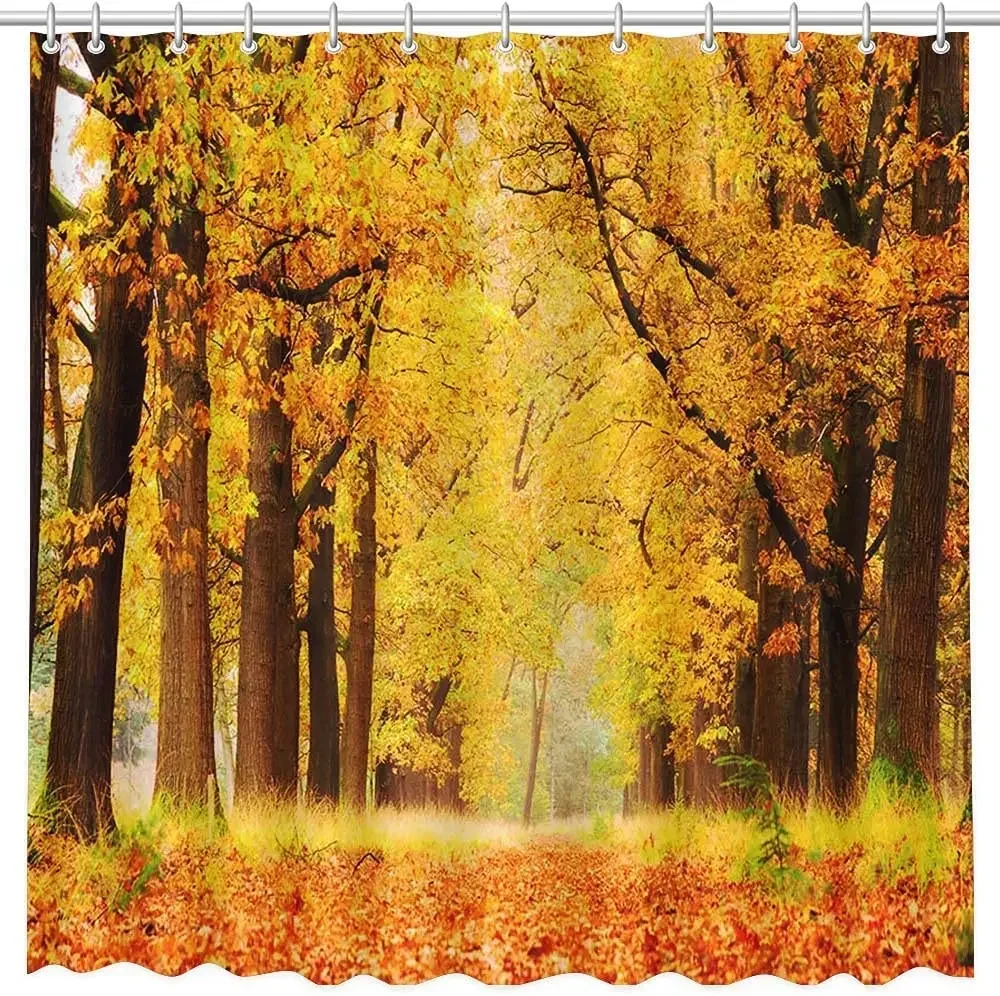 Autumn Shower Curtain Forest Golden Leaves Romantic Fall Nature Landscape Thanksgiving Fabric Bath Curtains Bathroom Decor Hooks