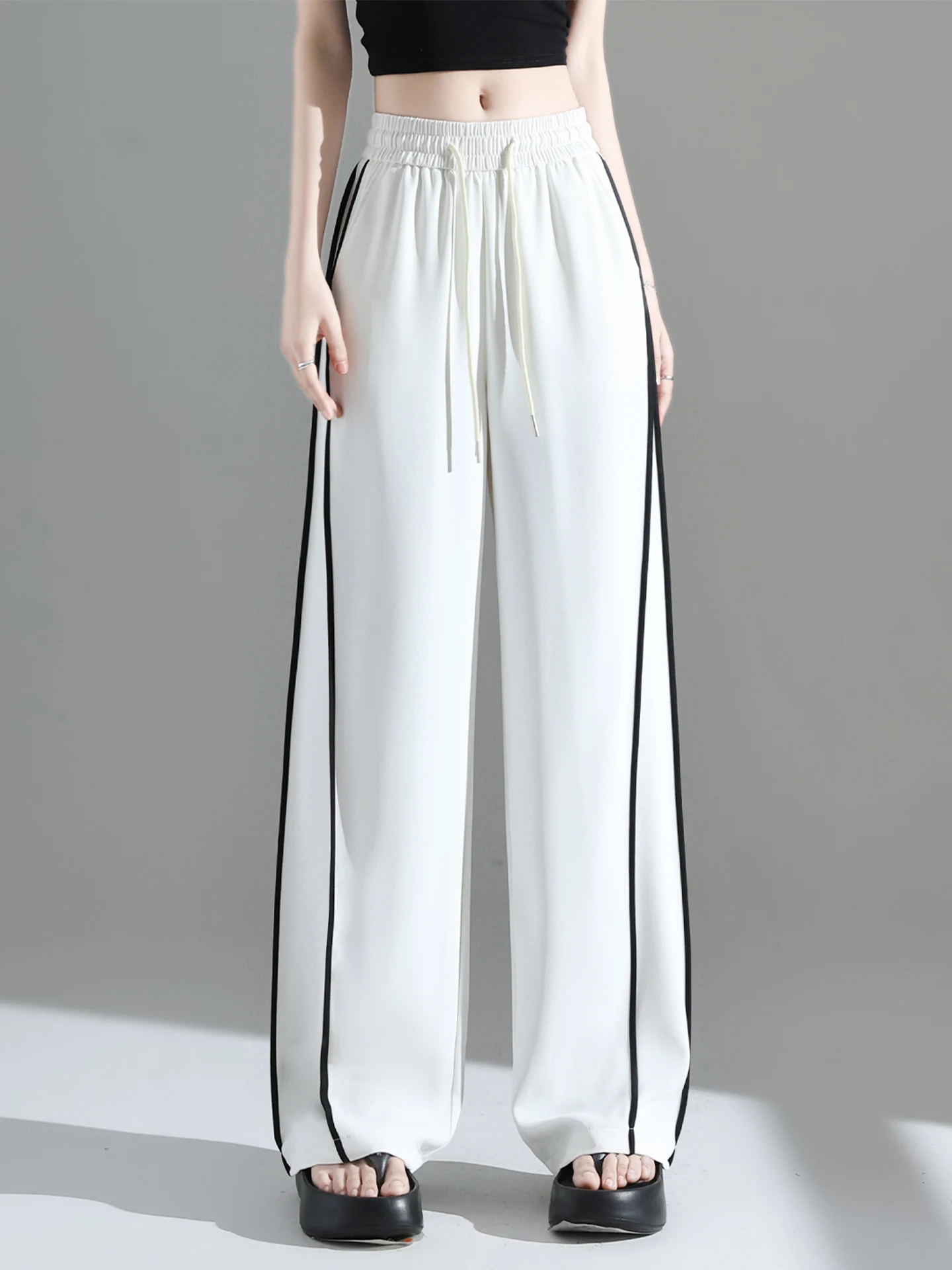 

Белые женские брюки с высокой талией и широкими штанинами, весенне-осенние, свободные, струящиеся, прямые, быстросохнущие, спортивные, длинные, повседневные