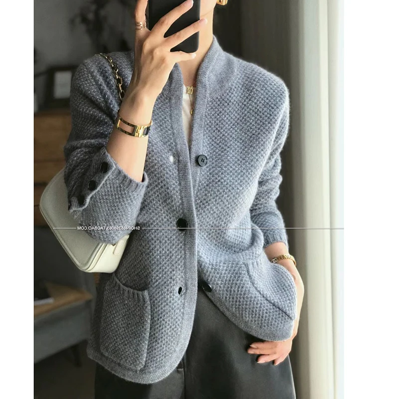 European Autumn and Winter New Pure Cashmere Wool Cardigan Women Stand Collar Thickened Sweater Loose Knitted Undercoat Top