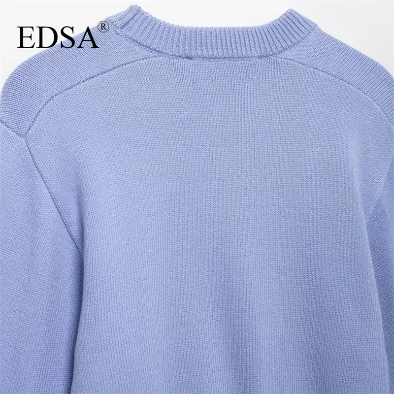 EDSA Women Solid Cropped Knitted Sweater Pullovers Vintage O-Neck Long Sleeves Female Chic Lady Tops