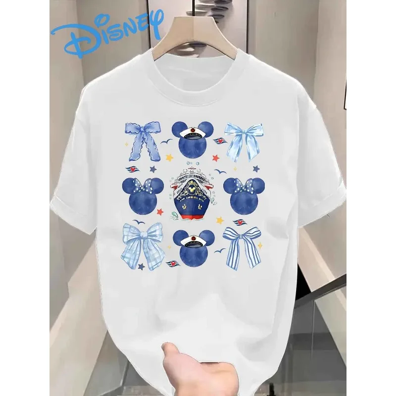 2025 جديد ديزني كروز الاحتفال قصيرة الأكمام تي شيرت أبيض ملون ديزني شخصية تصميم المرأة القطن طاقم الرقبة تي شيرت