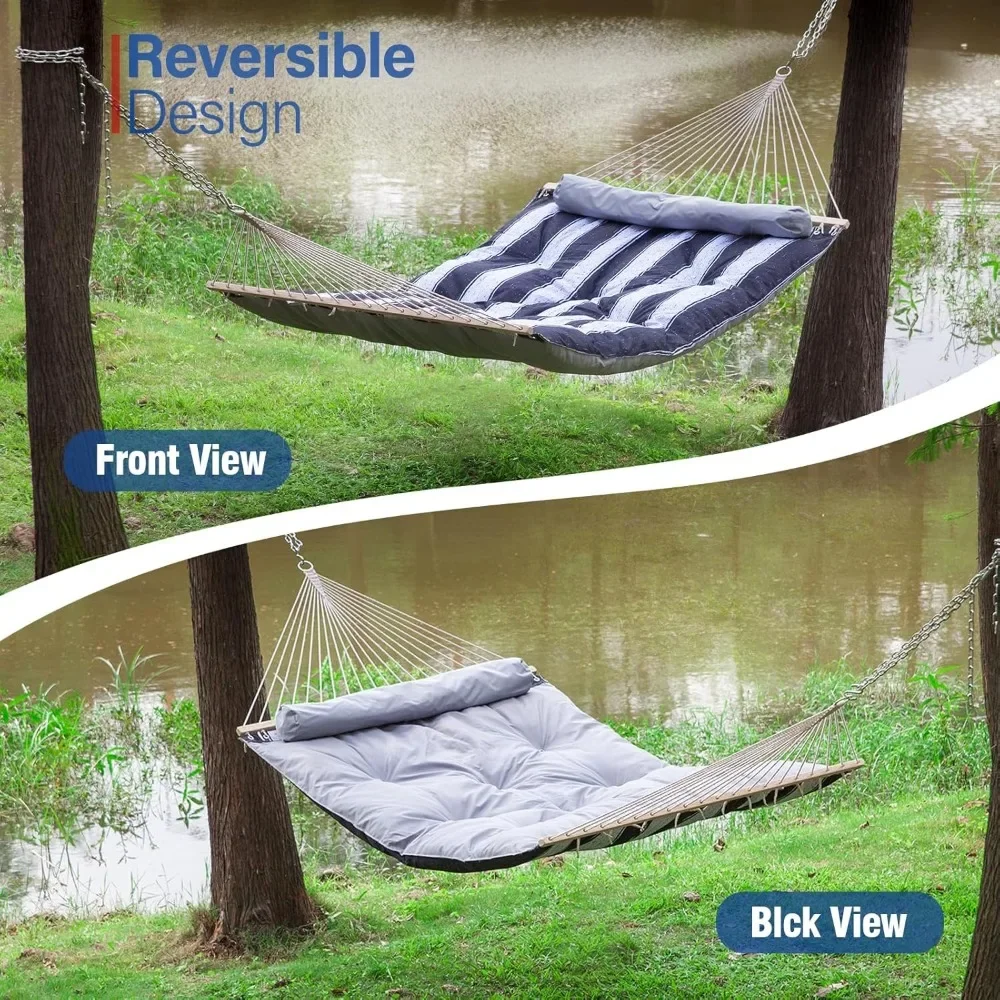 Extra Padded Reversible Quilted Hammock - Single or Double Hammock for Outdoor Relaxation with Matching Pillow