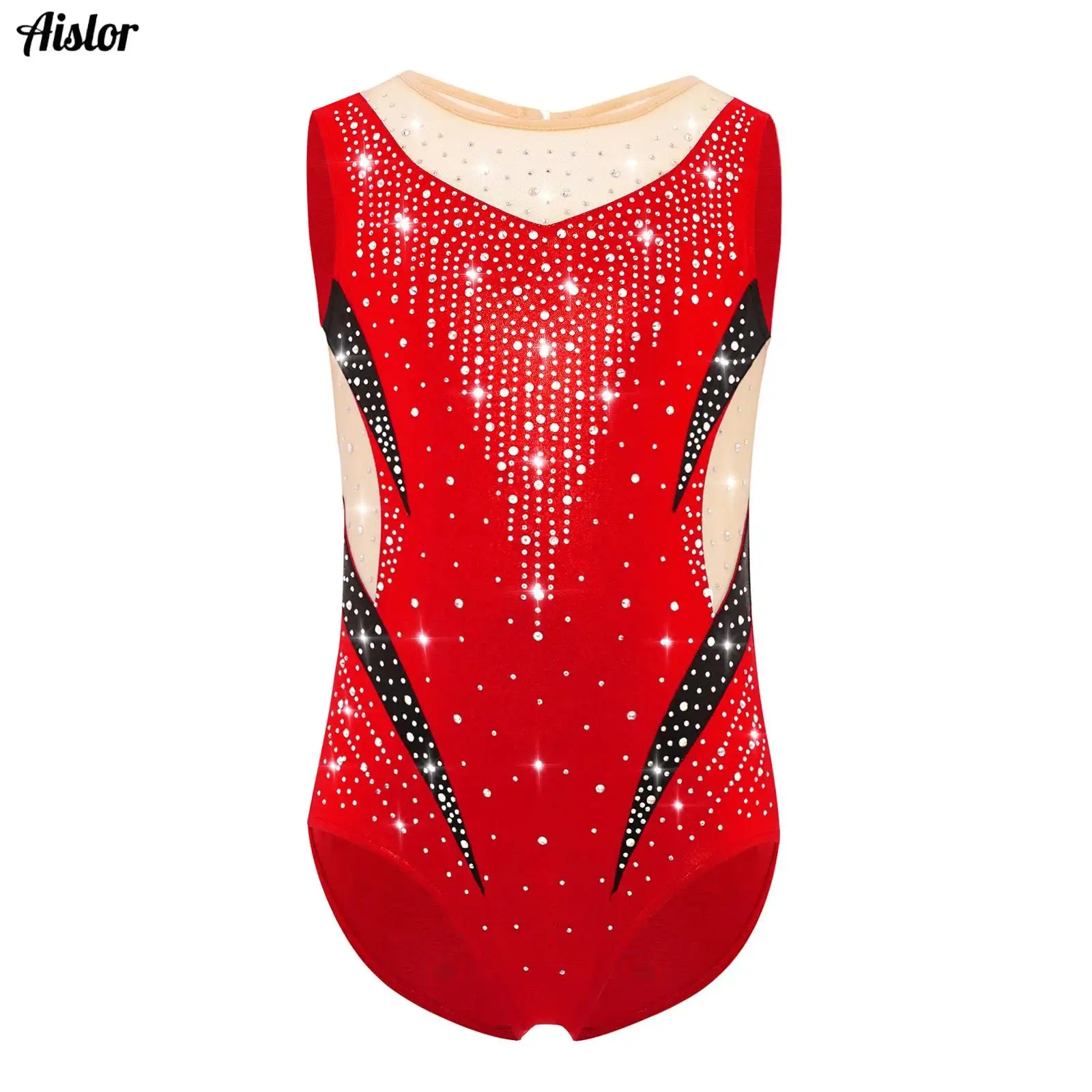 

Kids Girls Shiny Rhinestones Figure Skating Gymnastics Leotards Sleeveless Sheer Mesh Bodysuit Ballet Dance Performance Costume