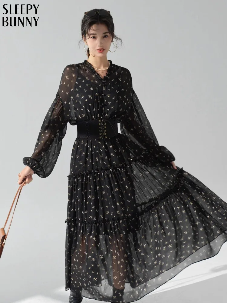 

French Style Floral Dress Women Elegant Autumn Maxi Tea Dress with High Waist Flared Hem Long Sleeve Vintage Casual Party Outfit