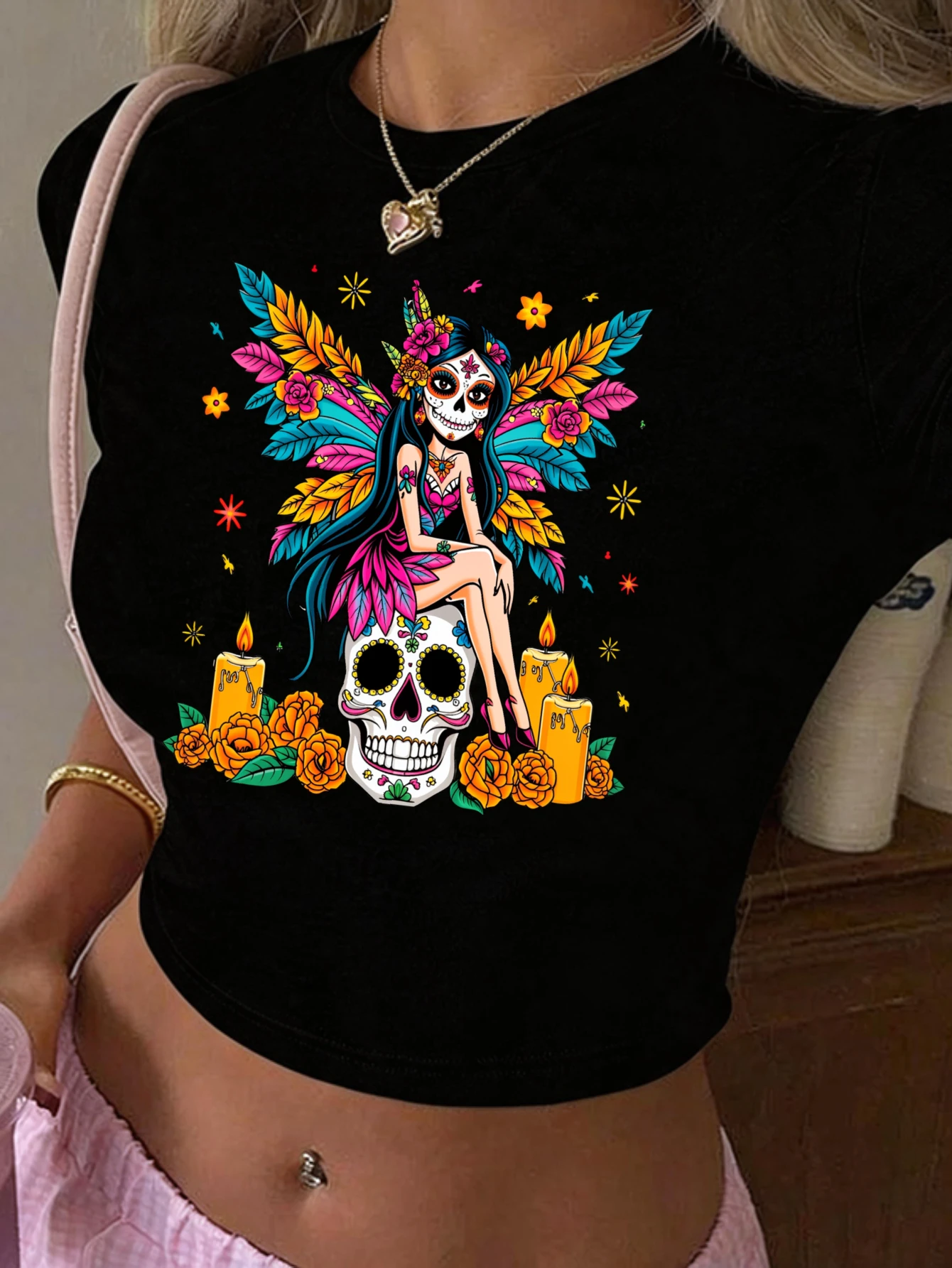 Casual Style, Women's T-Shirt, Colorful Sugar Skull Girl With Wings And Candles Design, Summer Casual Wear, Gift For Friends Or
