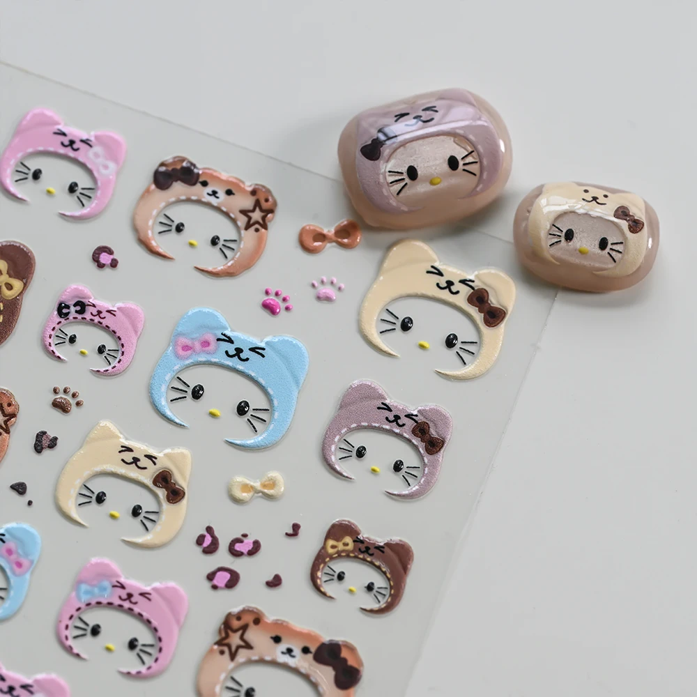 Naklejki na paznokcie 5D Leopard Hello Kitty Brokatowe Gwiazdki Serca Jesień Zima Y2K Kokardki Kotki z Kapturem Ozdoby do Paznokci Akcesoria do Paznokci