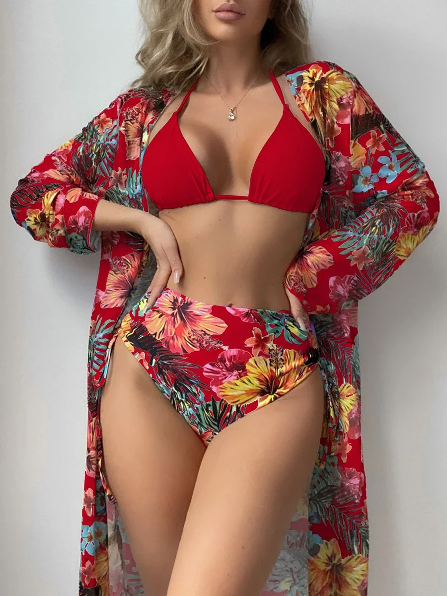 Bikini triangular con cuello Halter para mujer, traje de baño con Kimono de cintura alta, bañadores para mujer, ropa de playa 2024