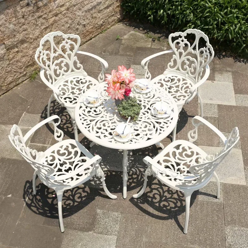 Buiten Gegoten Aluminium Tafels En Stoelen Binnenplaats Tuin Hotel Urniture Terras Combinatie Vrije Tijd Metalen Ronde Patio Tafel