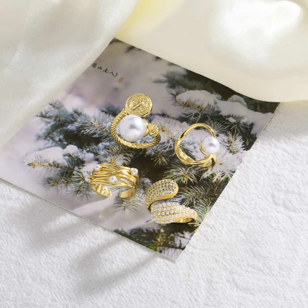 OCESRIO Trendy Big Pearl San Benito Statement Rings for Women Copper Gold Plated Crystal Water Drop Ring Jewelry Gift rigq52