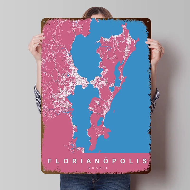 Florianópolis Brazil Map Poster Customized Vintage Metal Signs Wall Art Retro Tin Plaque for Room Decoration Bar Accessories