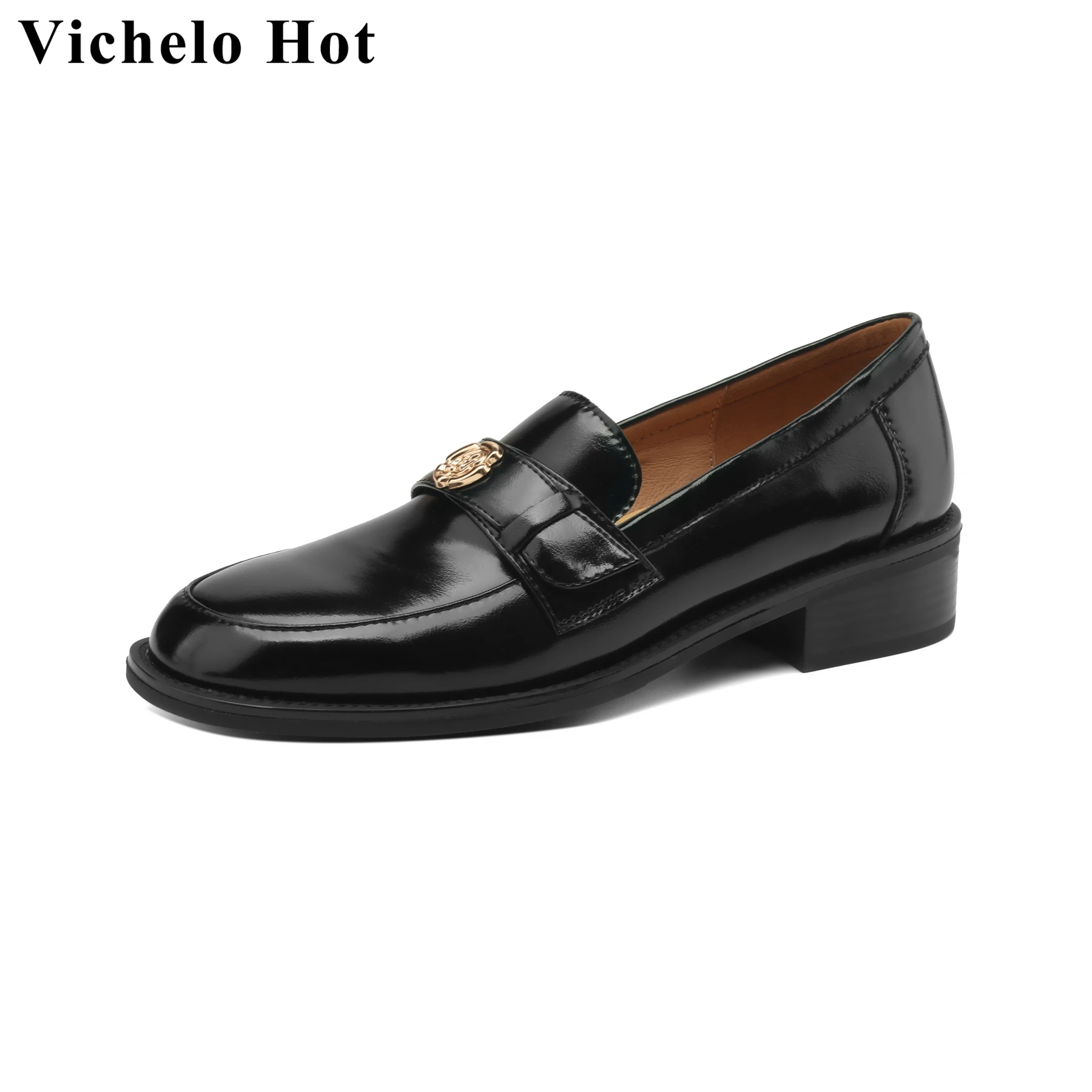 

Vichelo Hot Fashion Cow Leather Round Toe Med Heels Spring Shoes Vintage Brand Loafers Classics Casual Slip On Dress Women Pumps