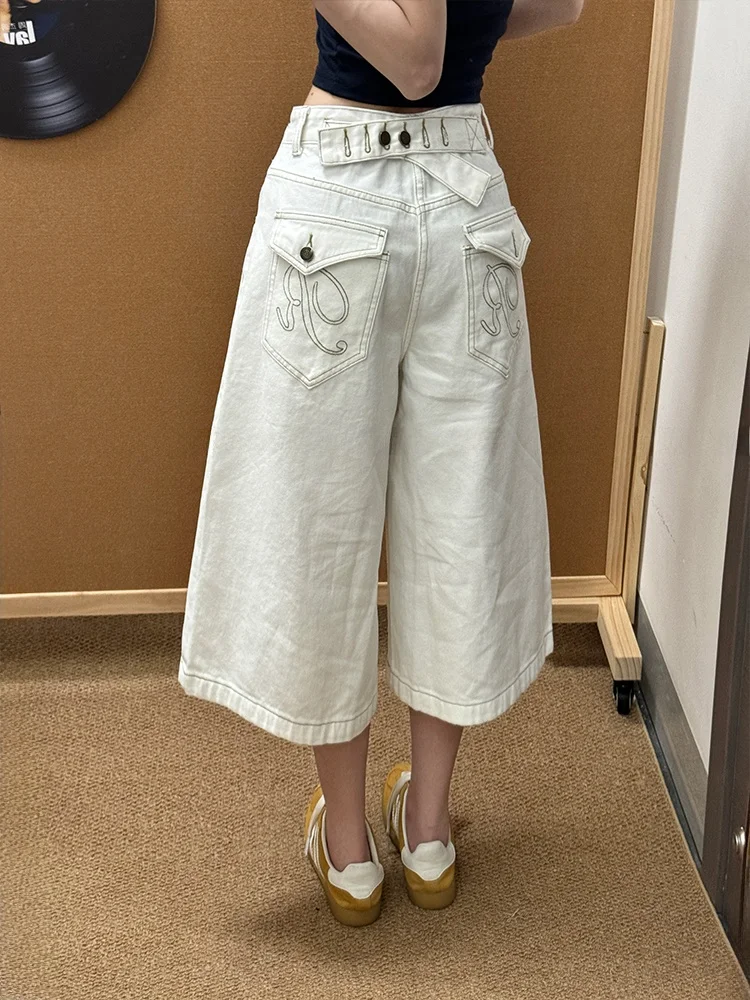 

American Style Spicy Girl Design Paris Adjustable Buckle Denim Jeans Women Summer New Retro Versatile Small Audience Seven-Fo...