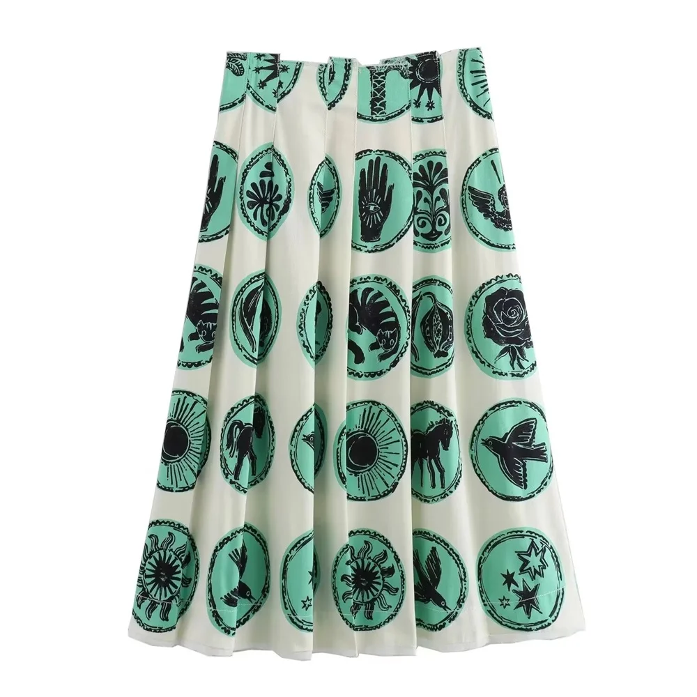 PB&ZA 2024 Spring Summer New Women\'s Fashion and Stylish Printed Short Top with Wide pleats Half skirt